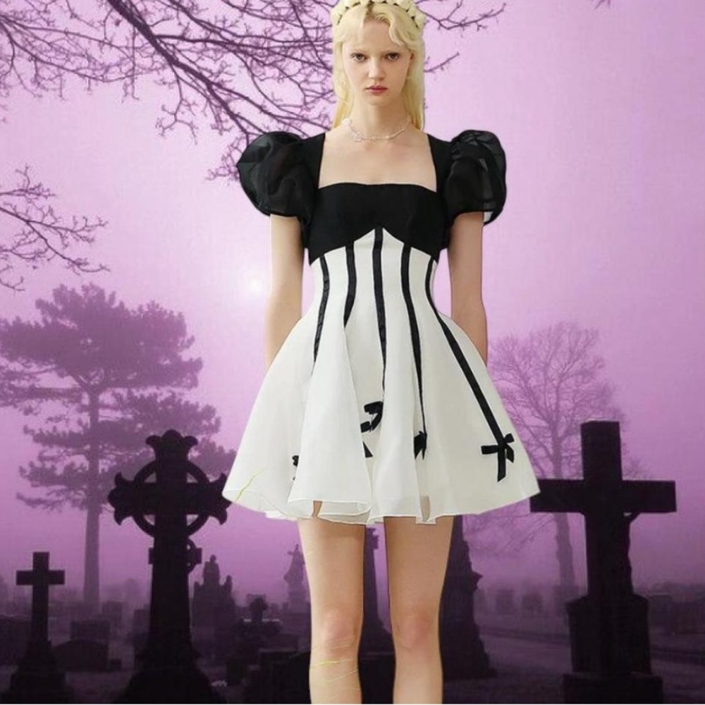 Black Ribbon Puff Sleeve Dress